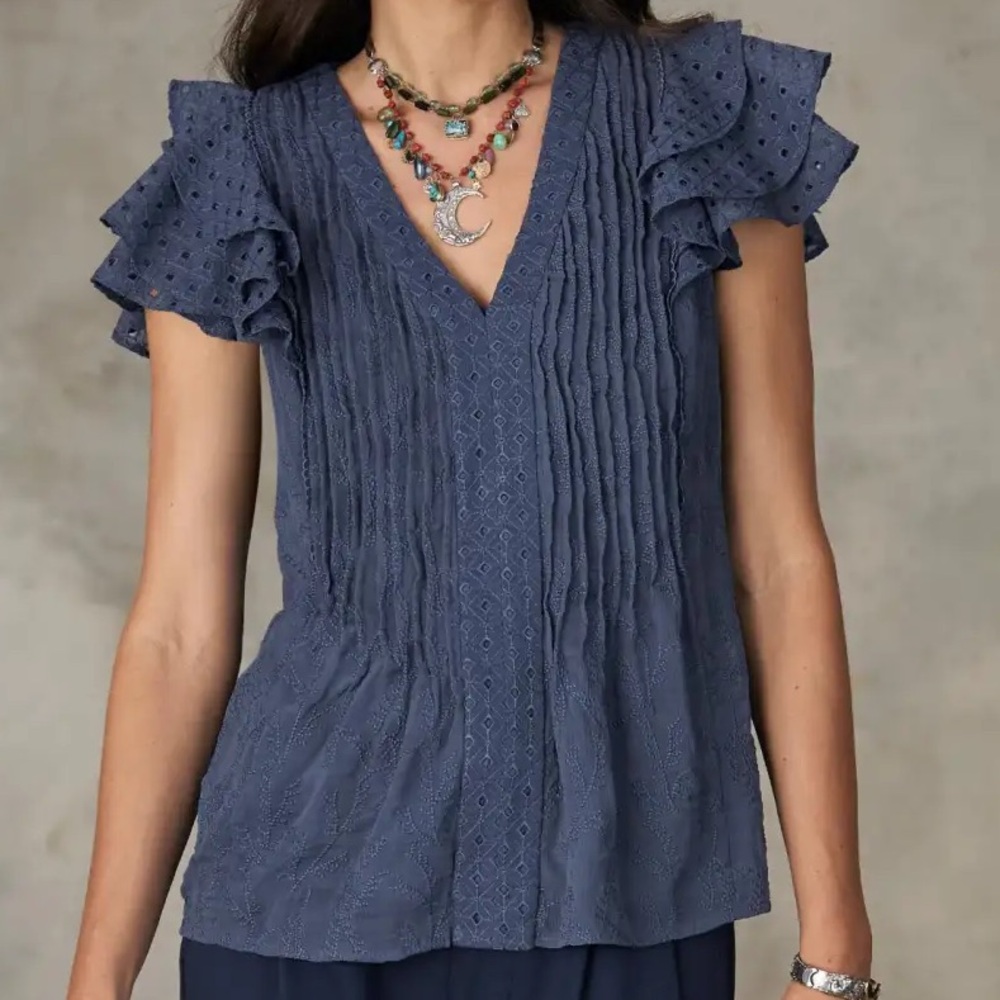 Sundance Lille Flutter Sleeve Eyelet Top XL Dusty Blue Navy Indigo Blouse